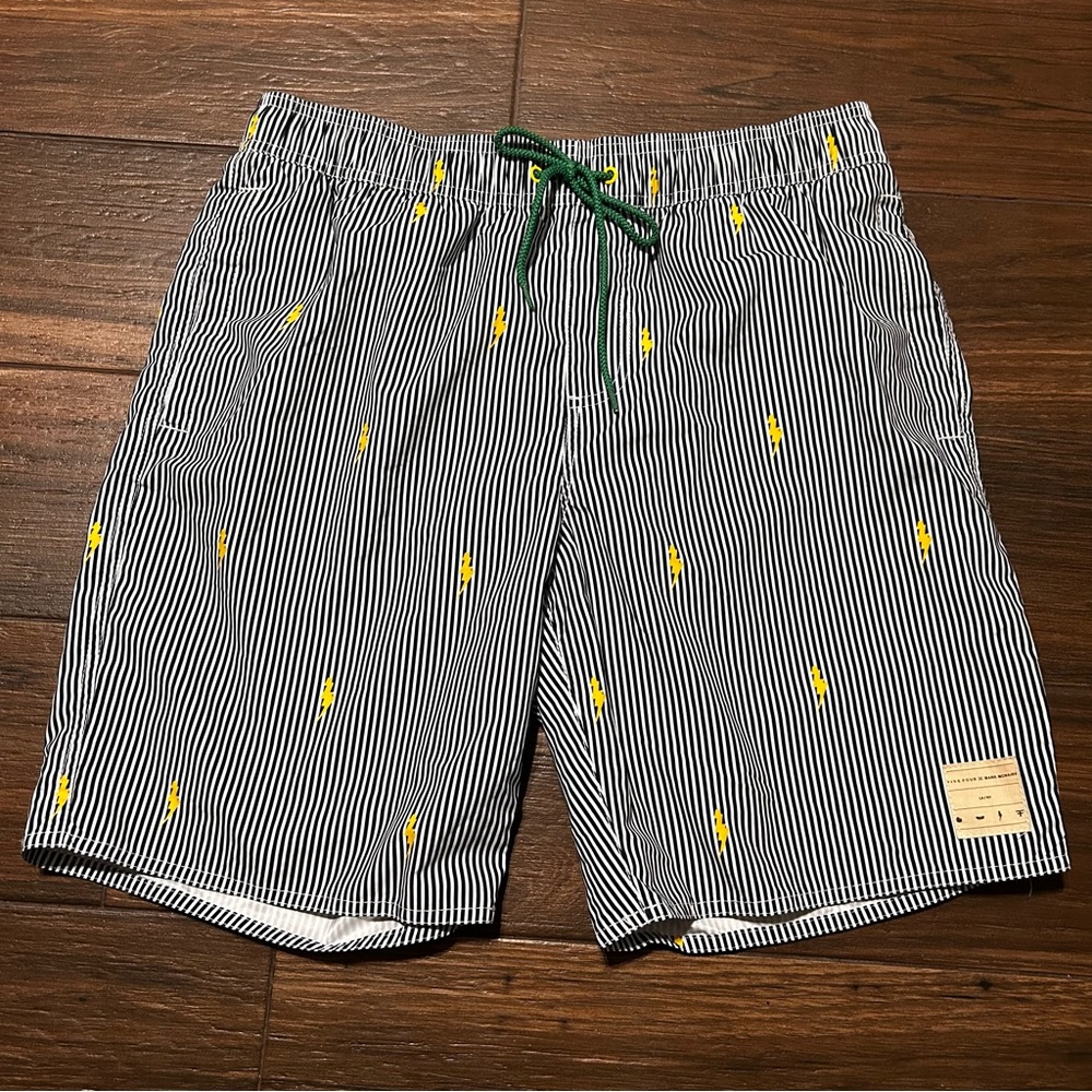 Five Four Mark McNairy Swim Trunks Medium Black White Stripes Lightning Bolts‎